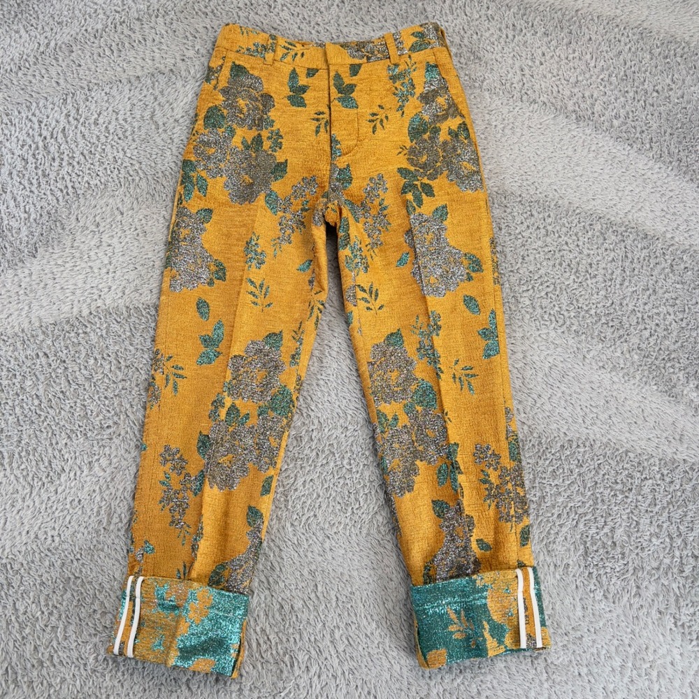 Zadig & Voltaire Pist Velvet Yellow Floral Metallic Pants Sz 34 US 2 Jacquard